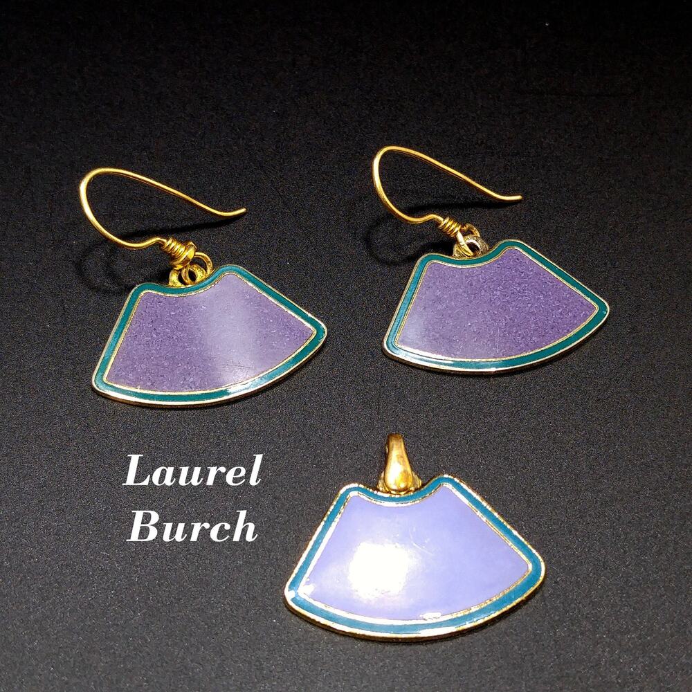 Laurel Burch Purple & Teal Earrings Pendant, Cloisonné Enamel, Gold Plated 1980s